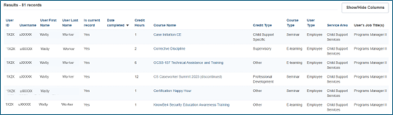 List of results on Transcript Lookup - Managers screen after searching by manager