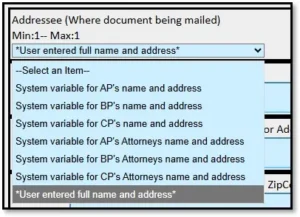 ALC screenshot – dropdown for addressee (where document being mailed)