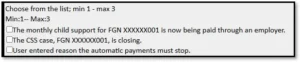 ALC screenshot – Checkbox list of three possible reasons for termination of Auto Pay.