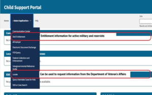 Child Support Portal with DoD Entitlement (Entitlement information for active military and reservists) and Locate (Can be used to request information from the Department of Veterans' Affairs) highlighted in the "Select Application" dropdown menu.